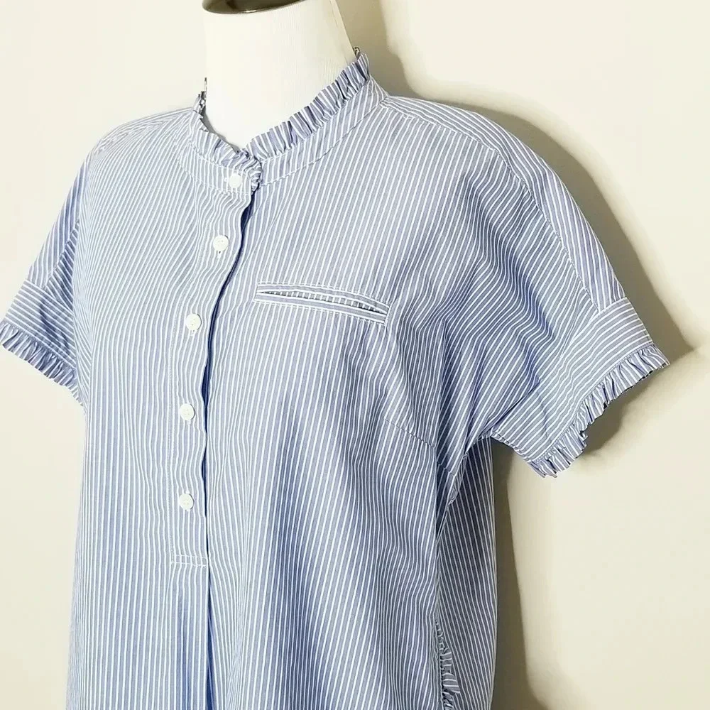 J. Crew Blue & White Pinstripe Ruffle Blouse 0